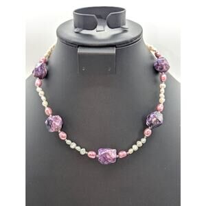 Lee Sands Purple Stone Freshwater Pearls Silver Tone Clasp 18" Necklace
